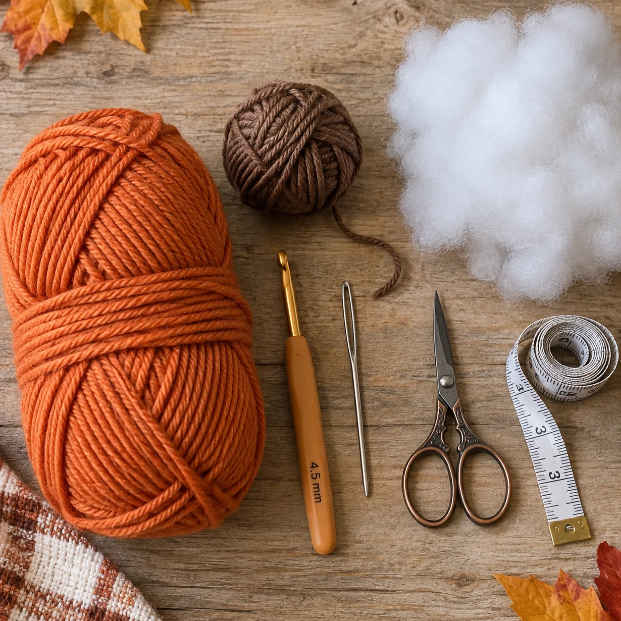 Materials for an easy crochet pumpkin with orange yarn, brown yarn, crochet hook, fiberfill, scissors and tapestry needle
