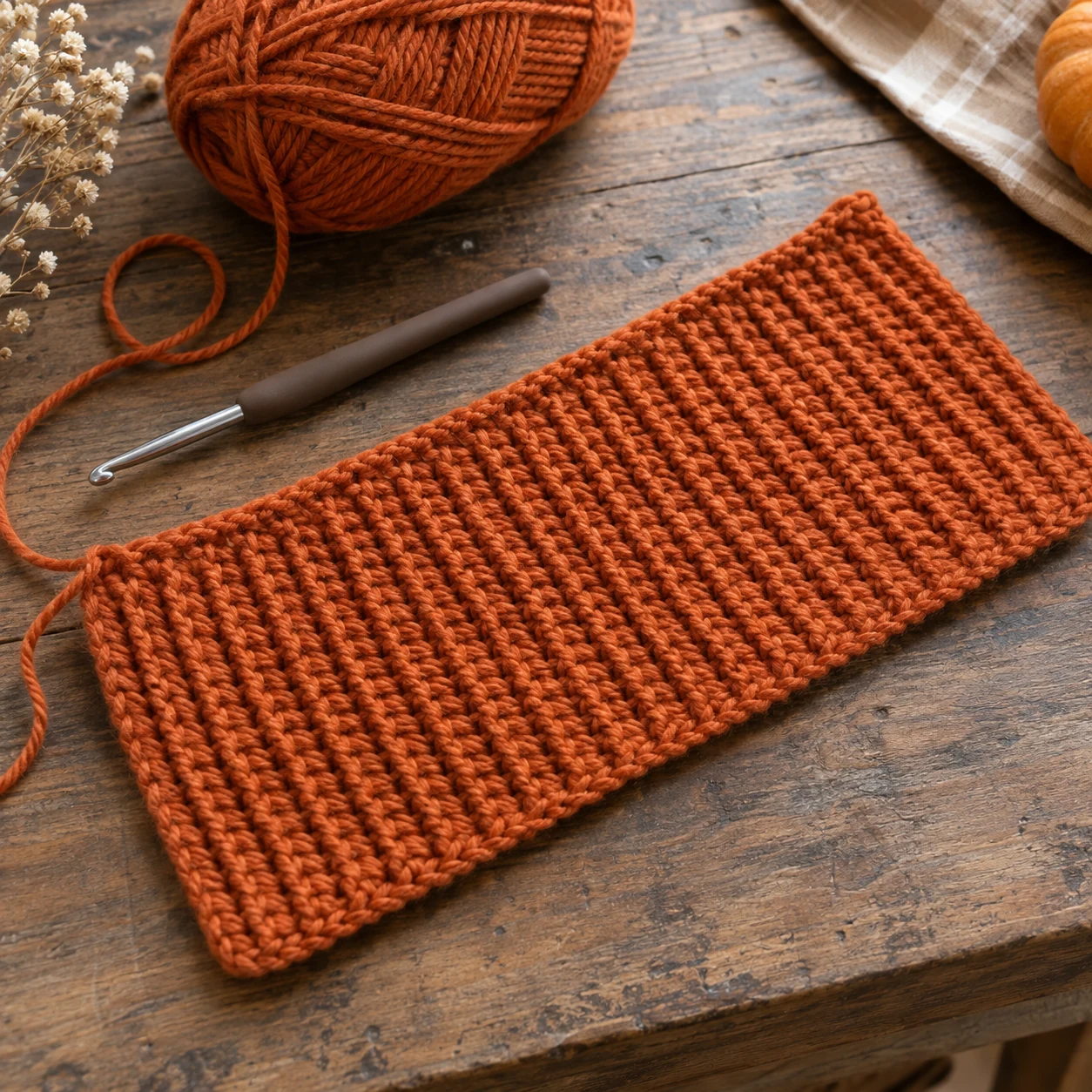 Orange ribbed crochet rectangle worked in single crochet through the back loop only