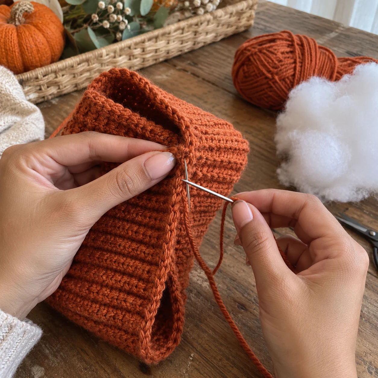 Crochet pumpkin being gathered and filled with polyester fiberfill