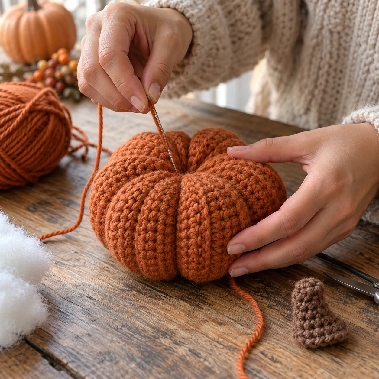 Hands shaping an orange crochet pumpkin and attaching a brown crocheted stem